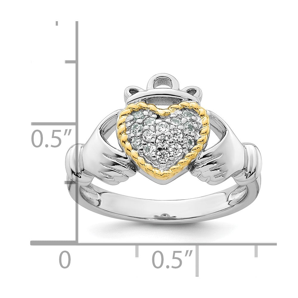 Sterling Silver RH-pl w/14k Accent Polished CZ Claddagh Ring