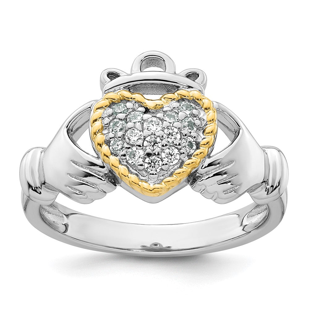 Sterling Silver RH-pl w/14k Accent Polished CZ Claddagh Ring