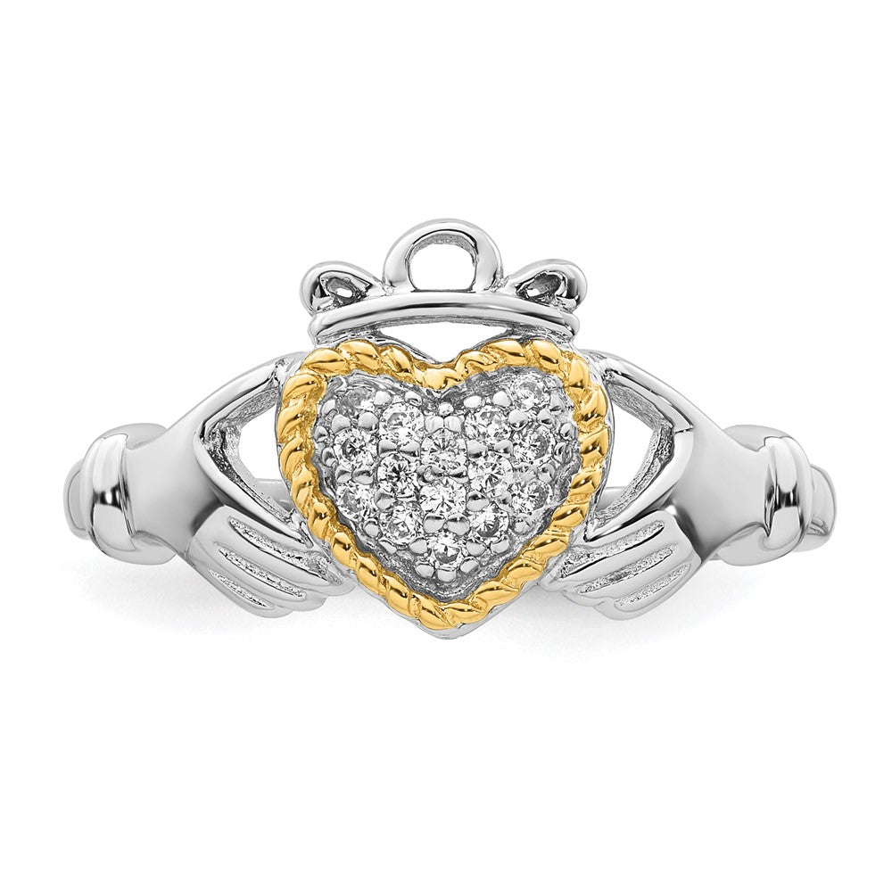 Sterling Silver RH-pl w/14k Accent Polished CZ Claddagh Ring
