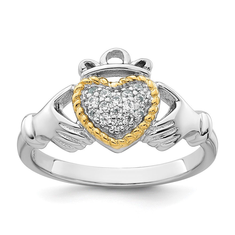 Sterling Silver RH-pl w/14k Accent Polished CZ Claddagh Ring