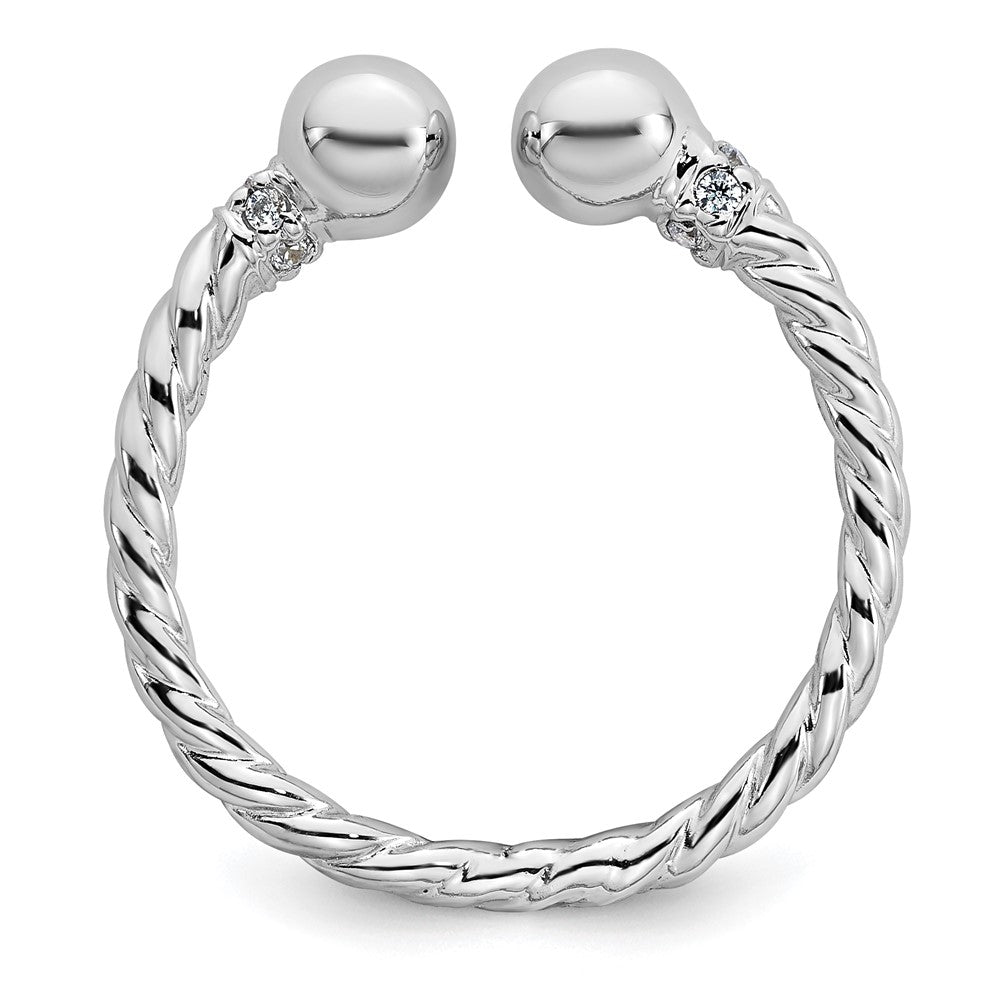Sterling Silver RH-plated Polished and Twisted CZ Ball End Ring