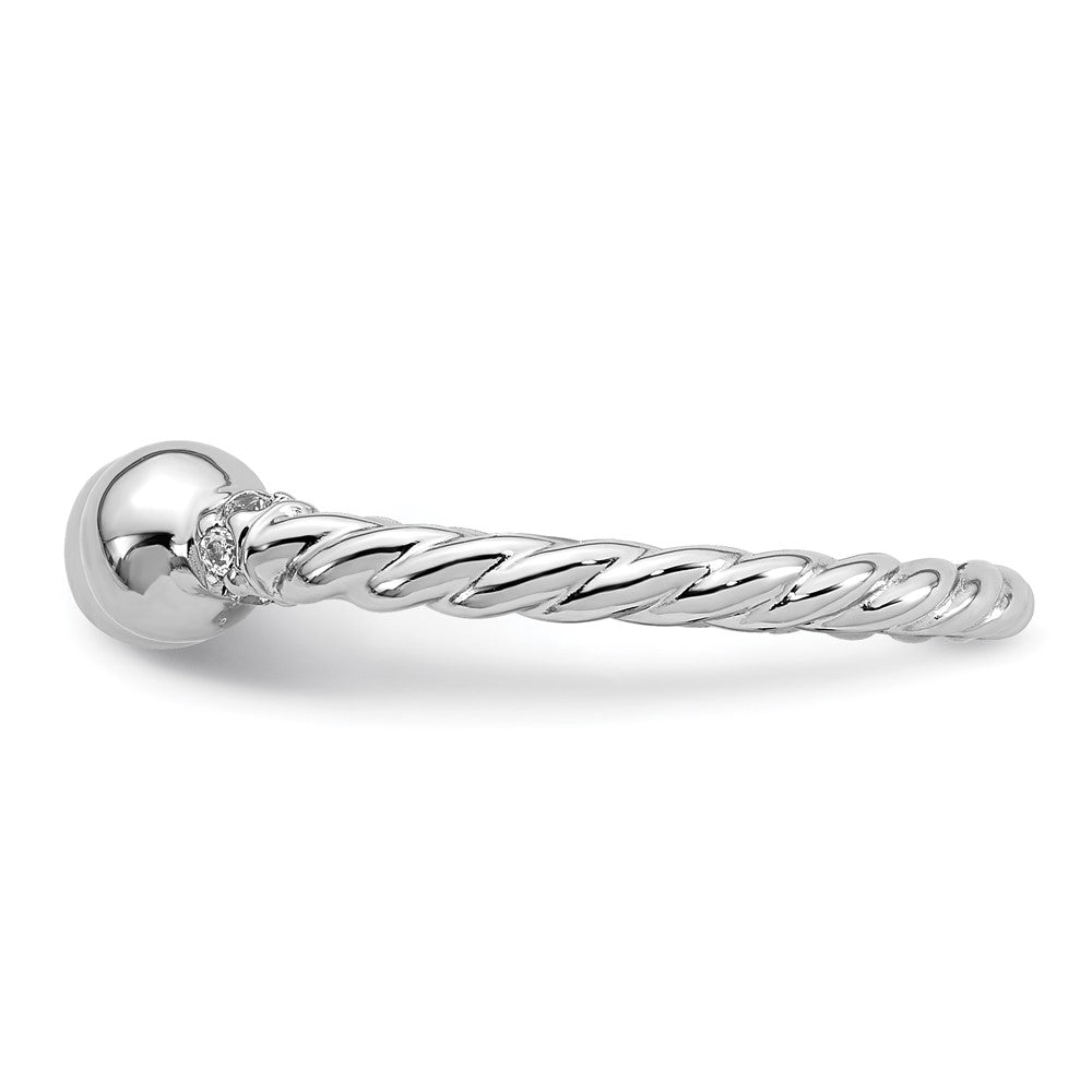Sterling Silver RH-plated Polished and Twisted CZ Ball End Ring