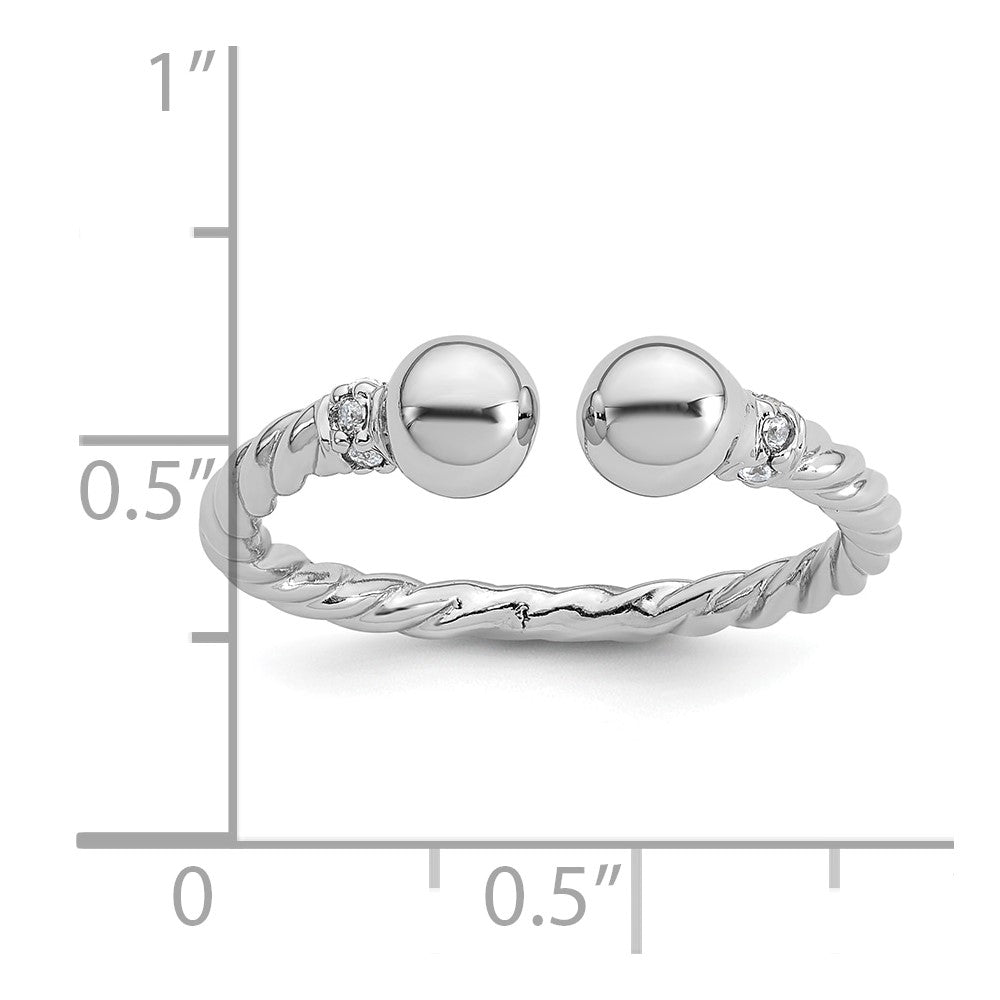 Sterling Silver RH-plated Polished and Twisted CZ Ball End Ring