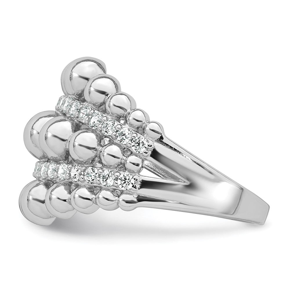 Sterling Silver Rhodium-plated Polished and Beaded Fancy CZ Ring