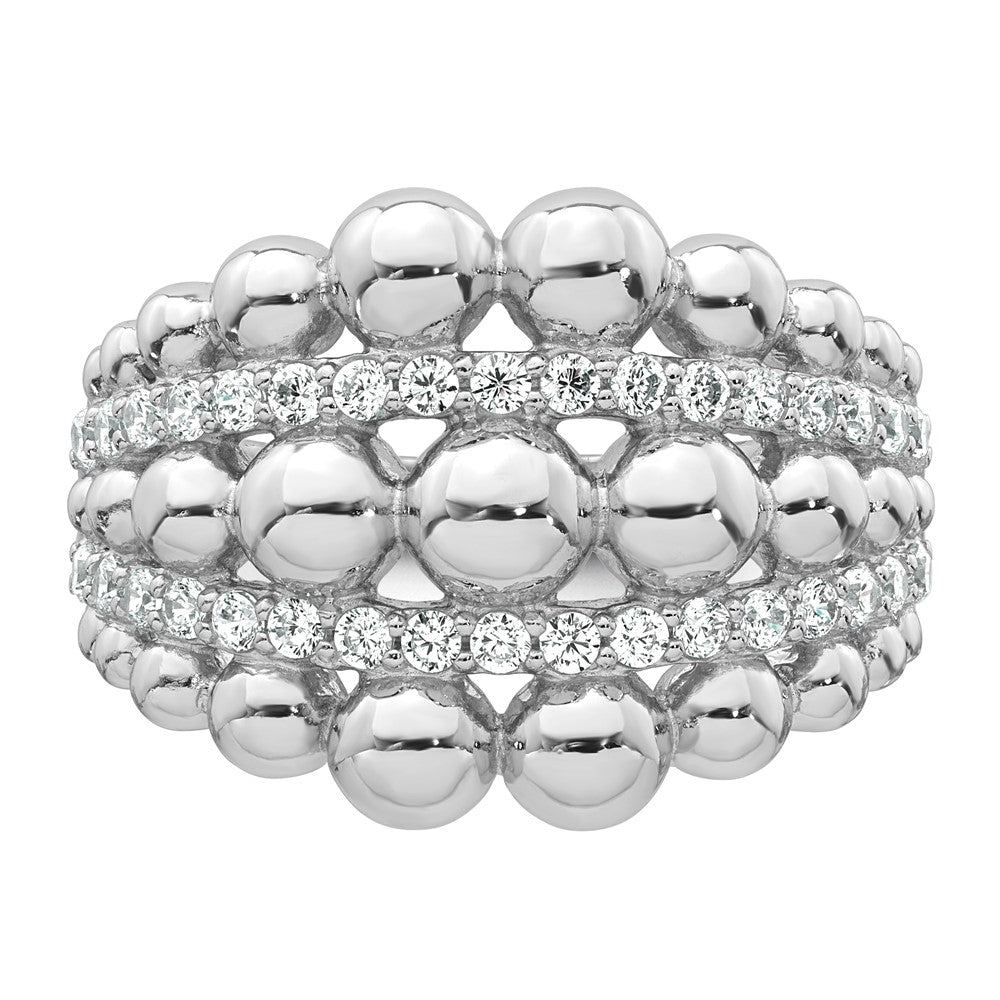 Sterling Silver Rhodium-plated Polished and Beaded Fancy CZ Ring