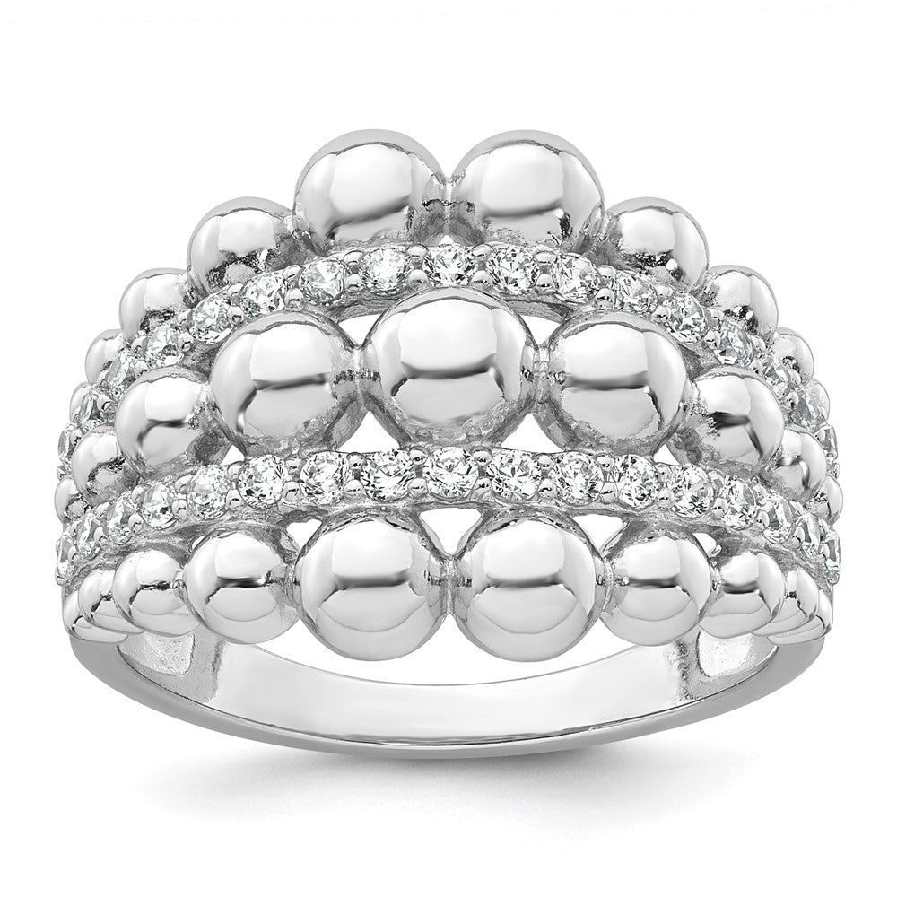Sterling Silver Rhodium-plated Polished and Beaded Fancy CZ Ring