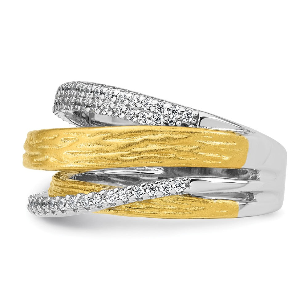 Sterling Silver Rhodium and Gold-tone CZ Brushed Ring