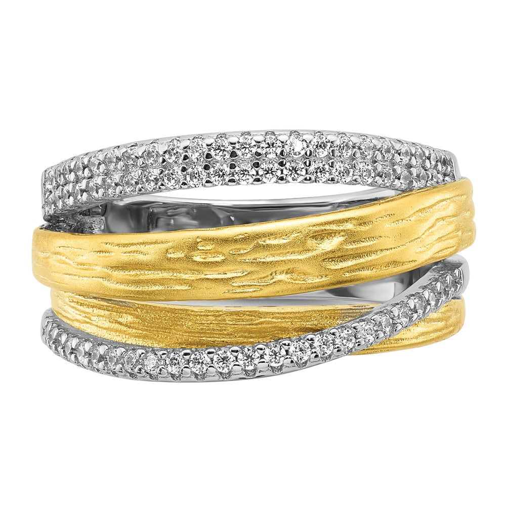 Sterling Silver Rhodium and Gold-tone CZ Brushed Ring