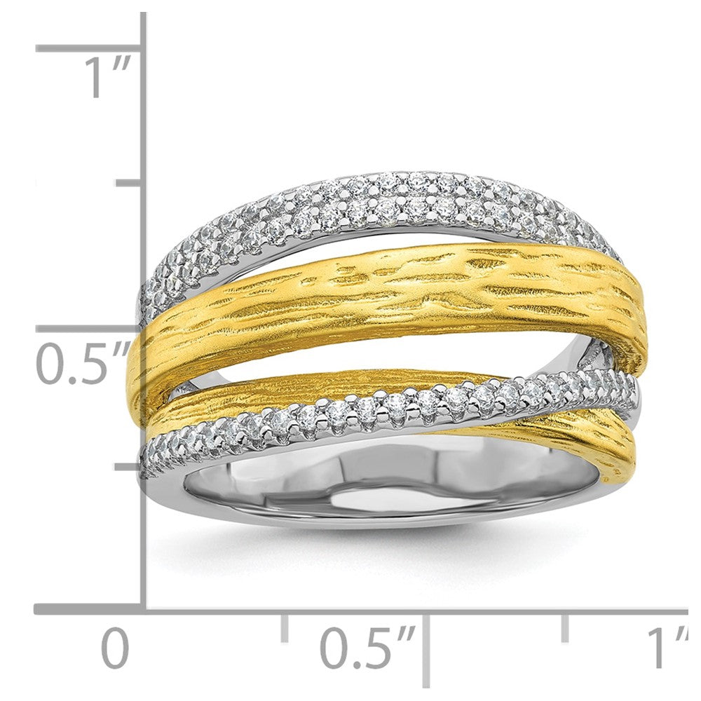 Sterling Silver Rhodium and Gold-tone CZ Brushed Ring