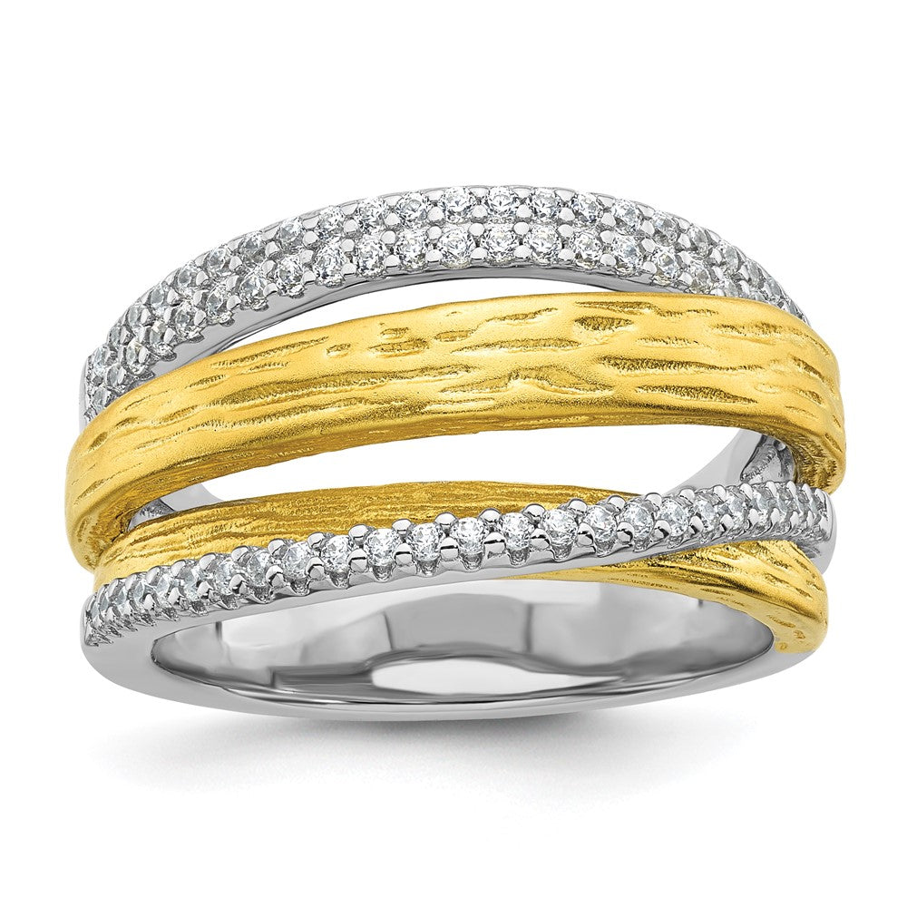 Sterling Silver Rhodium and Gold-tone CZ Brushed Ring