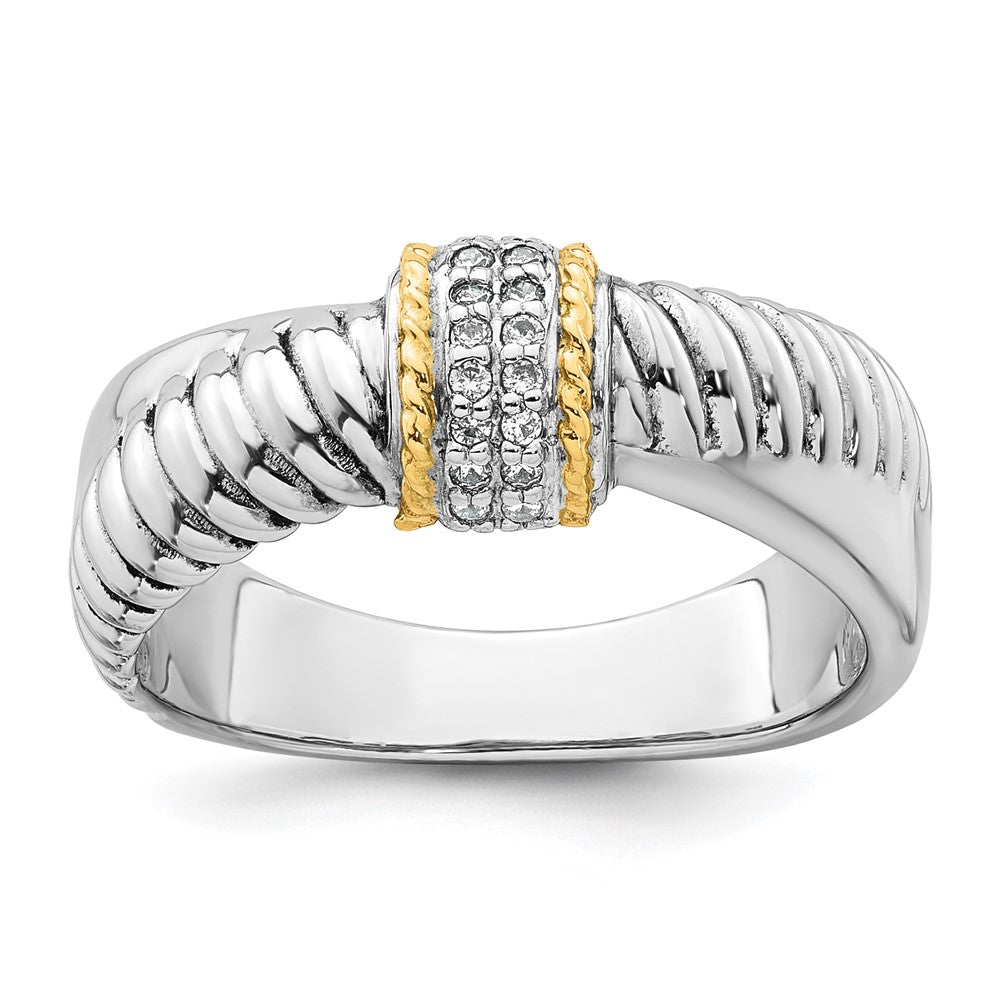 Sterling Silver RH-pl w/14k Accent Polished CZ Twisted Ring