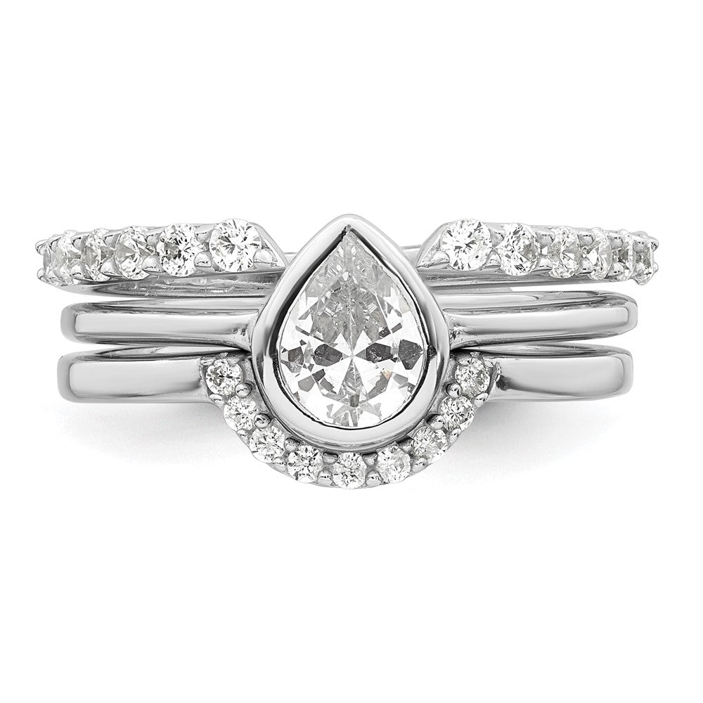 Sterling Silver Rhodium-plated Polished Teardrop CZ 3 Ring Set