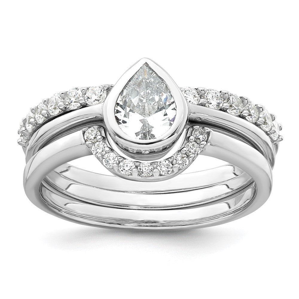 Sterling Silver Rhodium-plated Polished Teardrop CZ 3 Ring Set