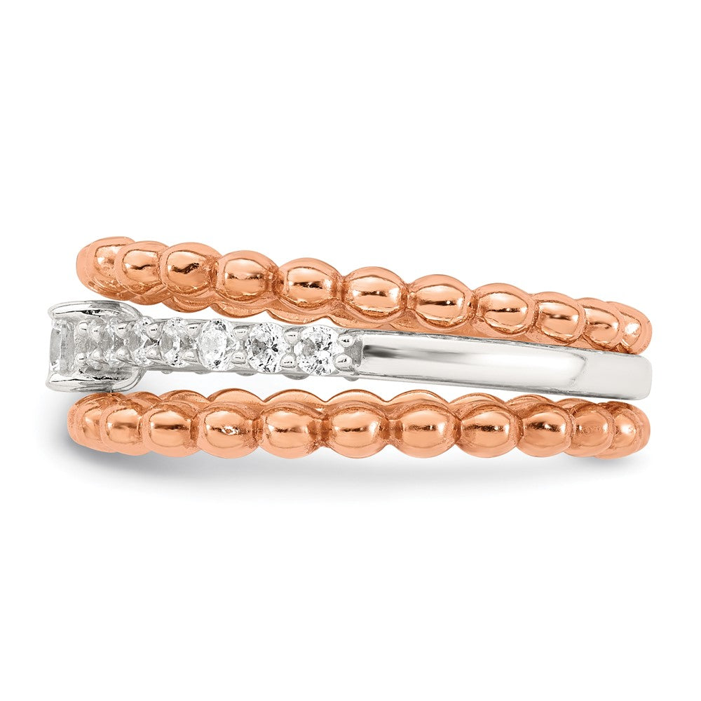 Sterling Silver and Rose-tone Polished and Beaded CZ 3 Ring Set