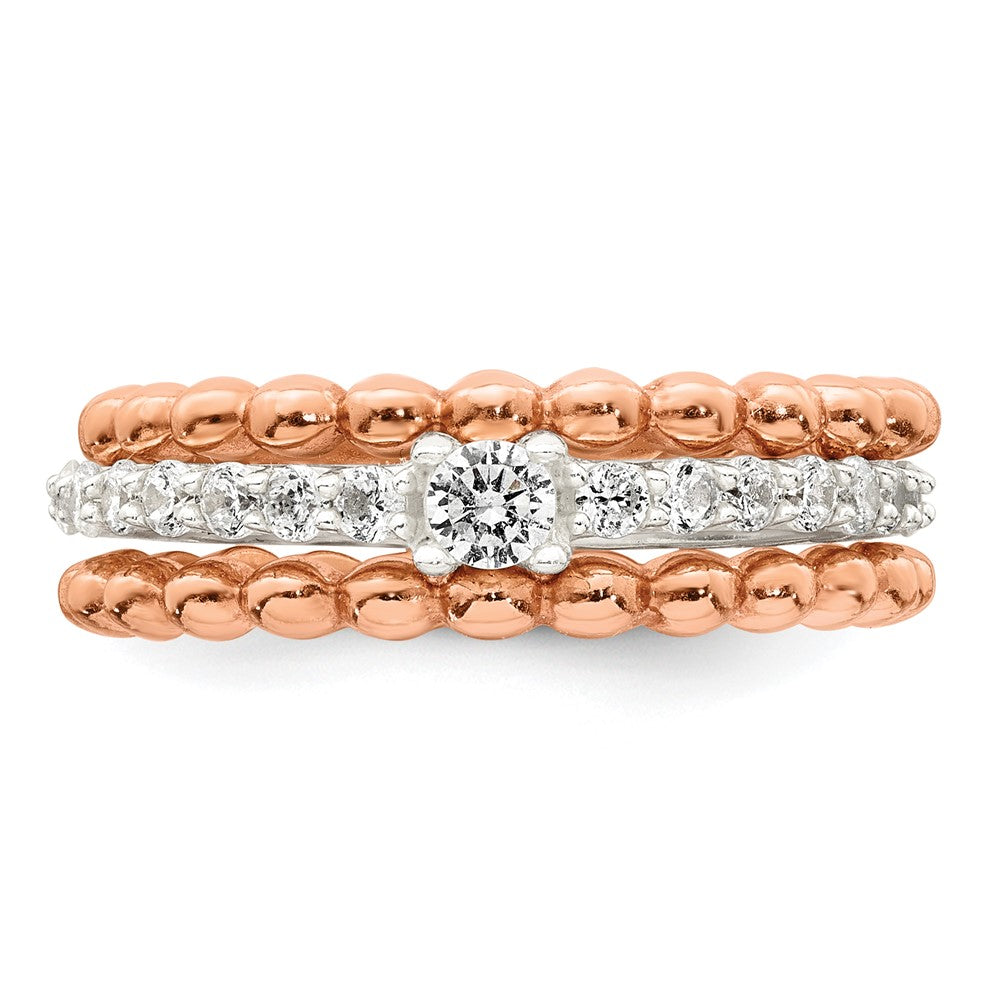 Sterling Silver and Rose-tone Polished and Beaded CZ 3 Ring Set
