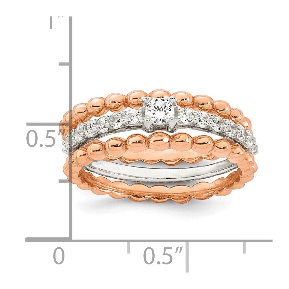 Sterling Silver and Rose-tone Polished and Beaded CZ 3 Ring Set