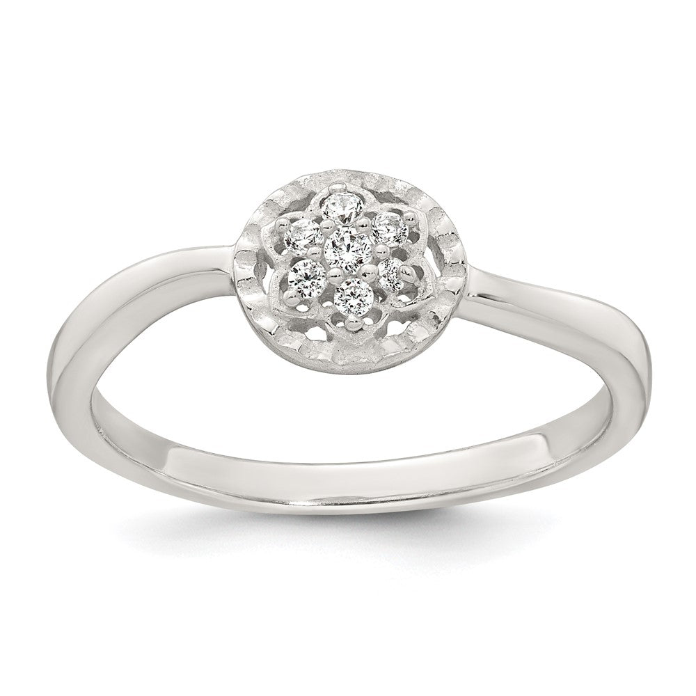 Sterling Silver Polished and Grooved CZ Flower Ring