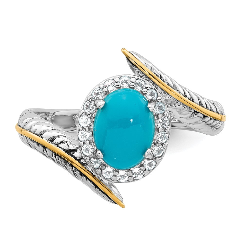 SS RH-pl w/14k Accent White Topaz Reconstructed Turquoise Feather Ring