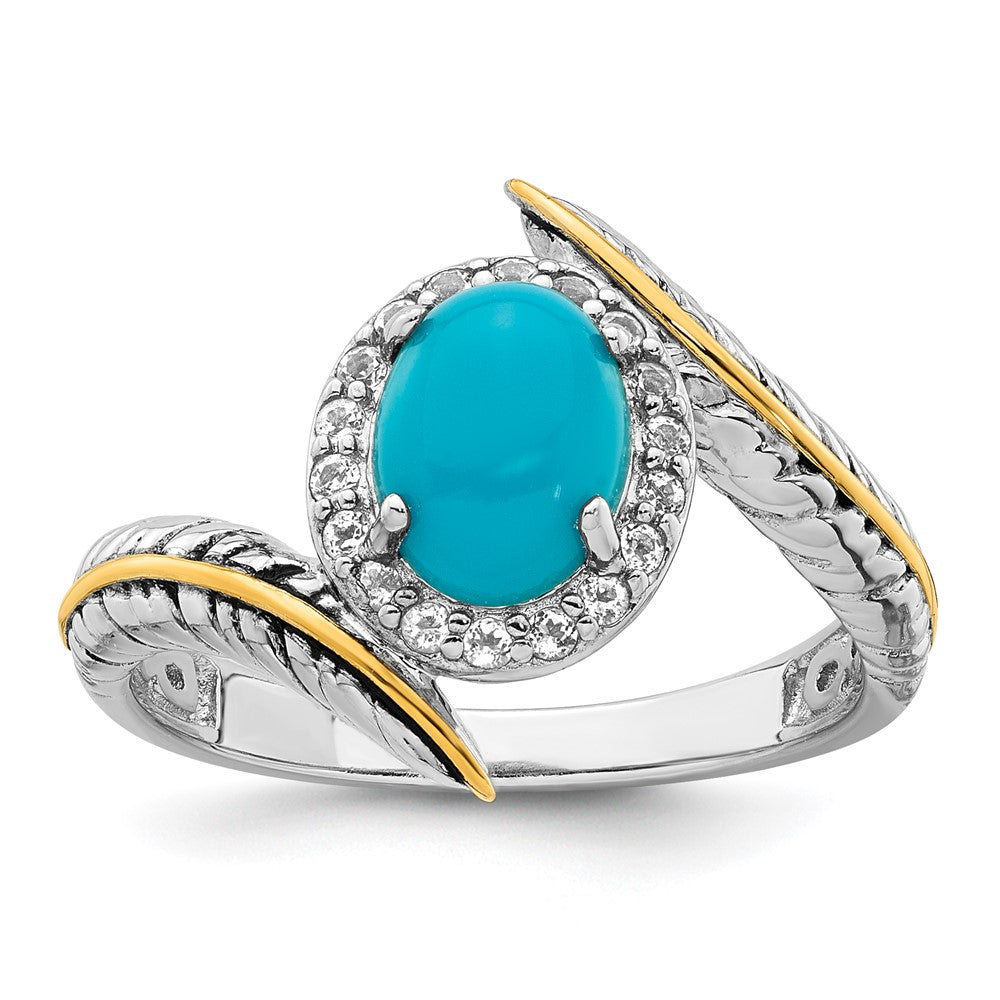 SS RH-pl w/14k Accent White Topaz Reconstructed Turquoise Feather Ring