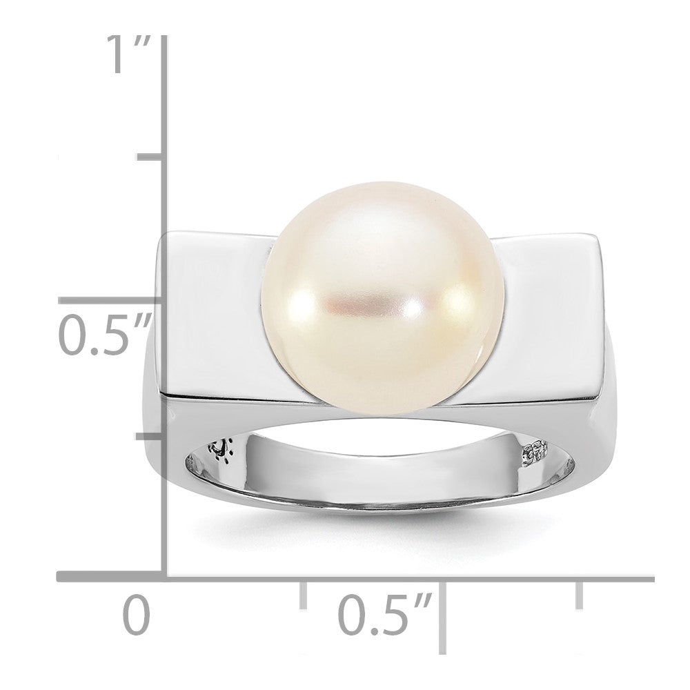 Sterling Silver Rh-plated 10-11mm Button FWC Pearl Square Ring