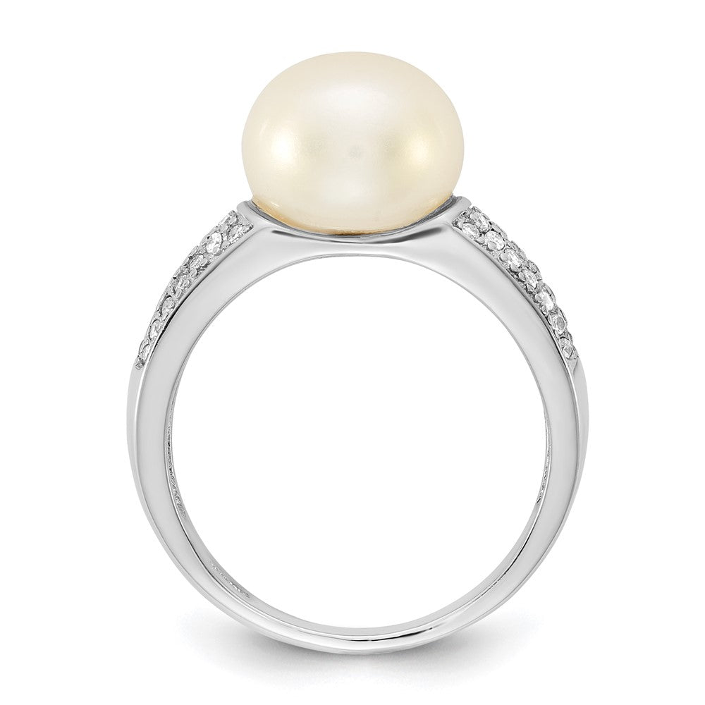 Sterling Silver Rh-plated 9-10mm Button FWC Pearl and CZ Ring