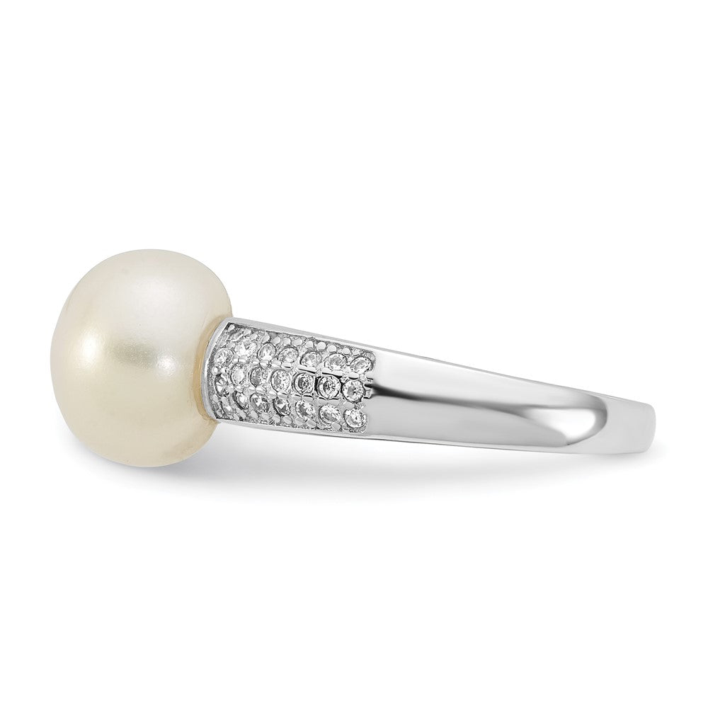Sterling Silver Rh-plated 9-10mm Button FWC Pearl and CZ Ring
