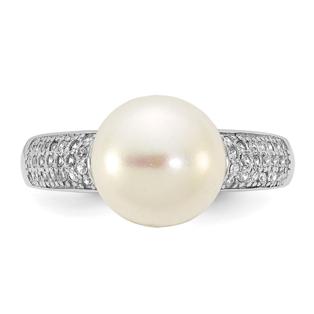 Sterling Silver Rh-plated 9-10mm Button FWC Pearl and CZ Ring