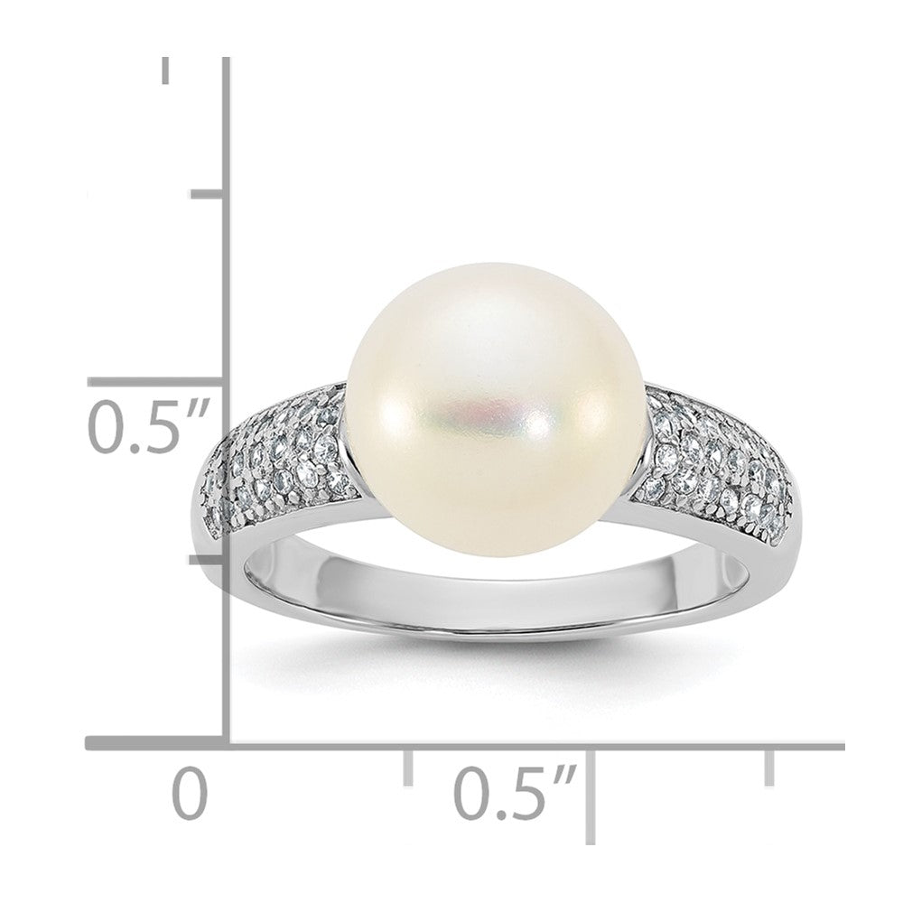 Sterling Silver Rh-plated 9-10mm Button FWC Pearl and CZ Ring