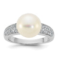 Sterling Silver Rh-plated 9-10mm Button FWC Pearl and CZ Ring