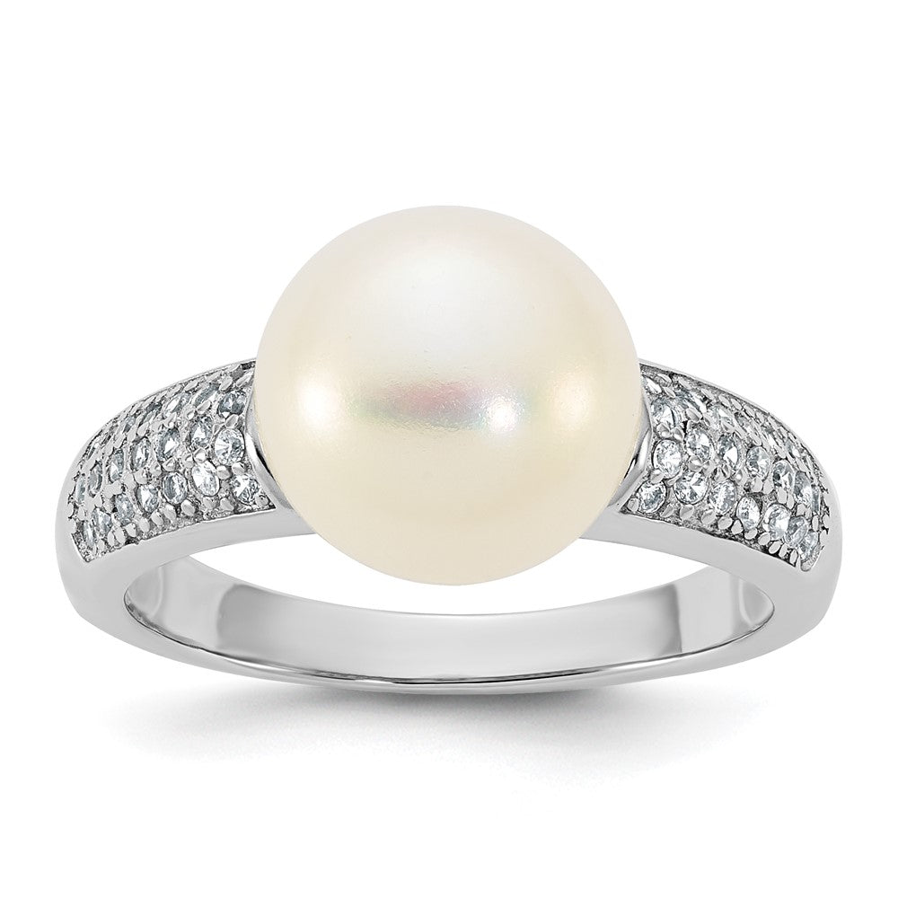 Sterling Silver Rh-plated 9-10mm Button FWC Pearl and CZ Ring