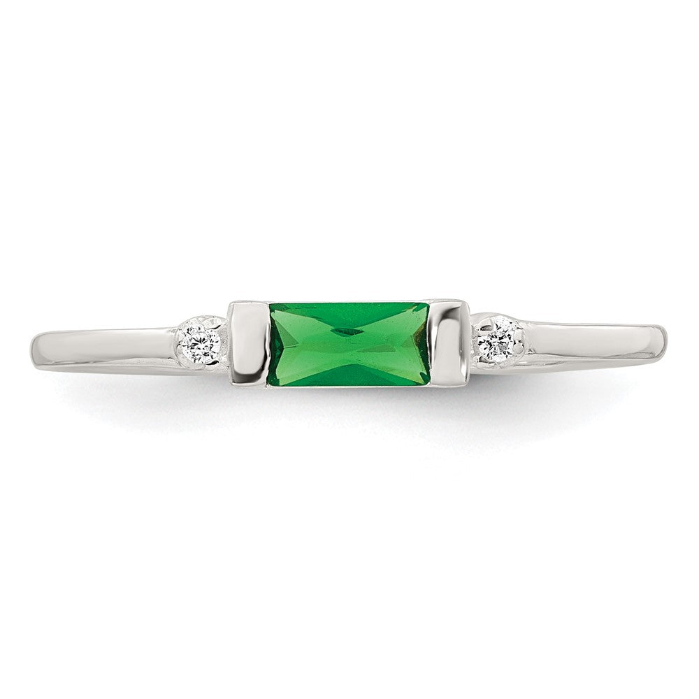 Sterling Silver Polished Green and White Rectangular CZ Ring