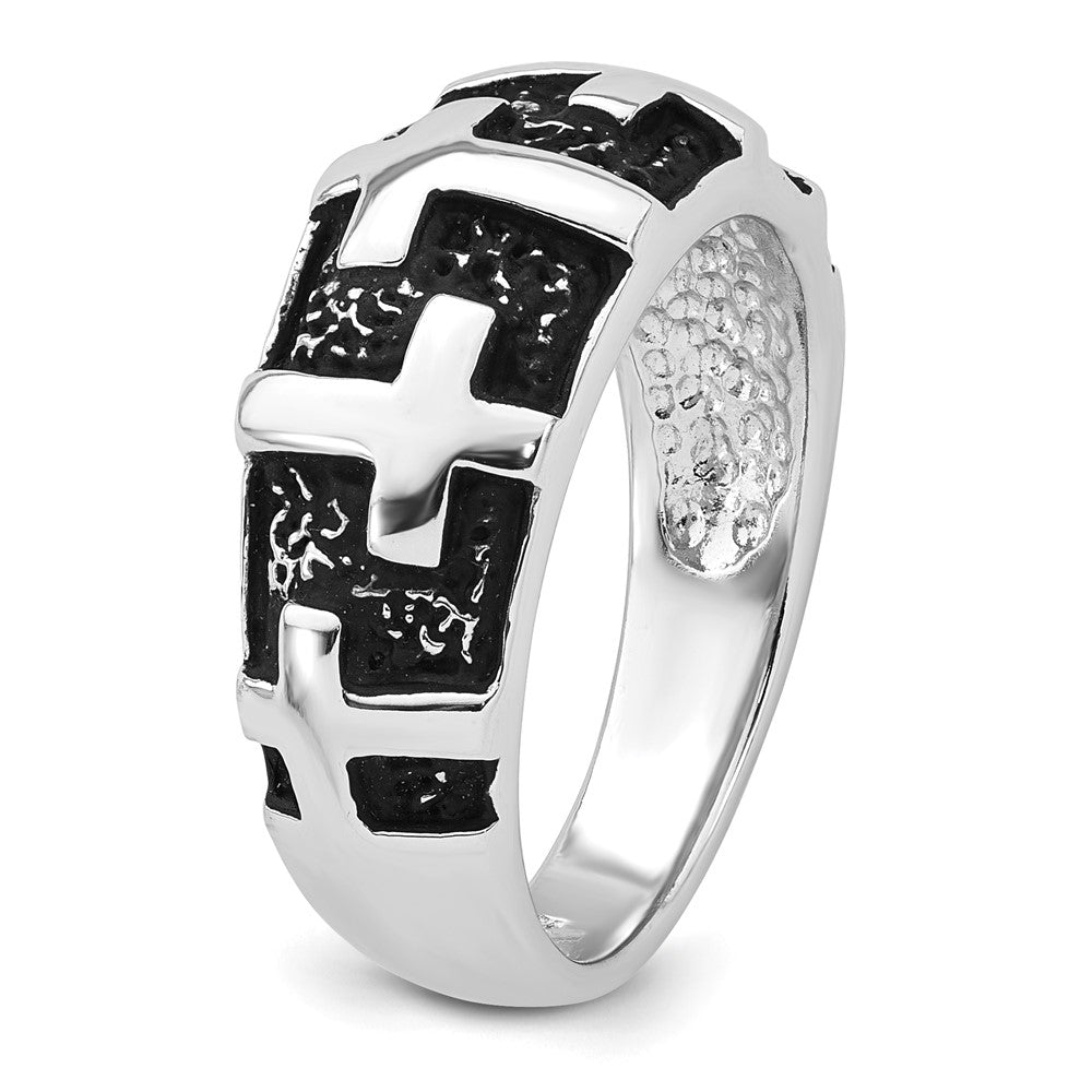 Sterling Silver Rhodium-plated Enameled Polished Multi Cross Men's Ring