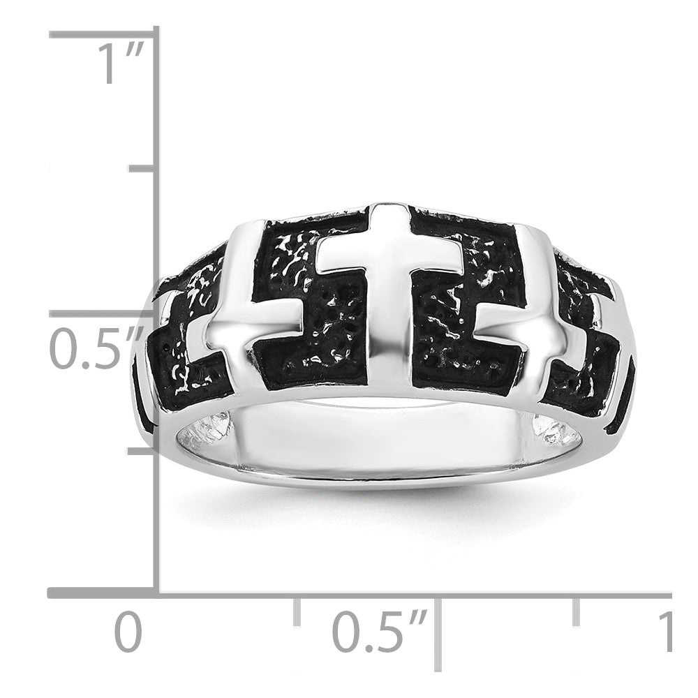 Sterling Silver Rhodium-plated Enameled Polished Multi Cross Men's Ring
