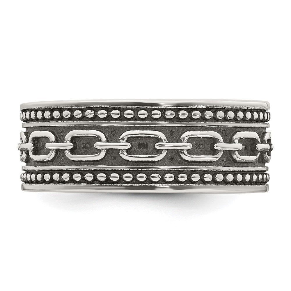 Sterling Silver Polished Beaded Antiqued Chain Link Men's Ring