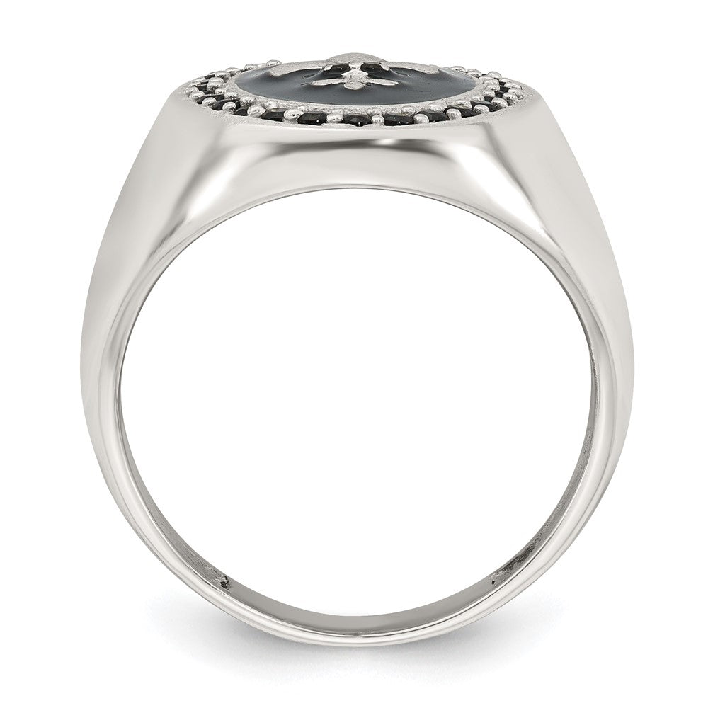 Sterling Silver Black Enamel Black Nano Crystal Fleur De Lis Men's Signet R