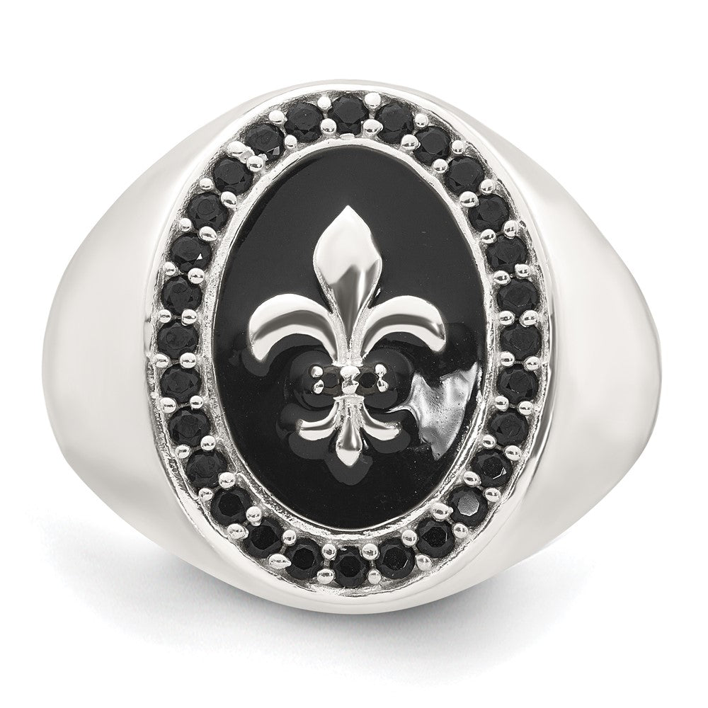 Sterling Silver Black Enamel Black Nano Crystal Fleur De Lis Men's Signet R