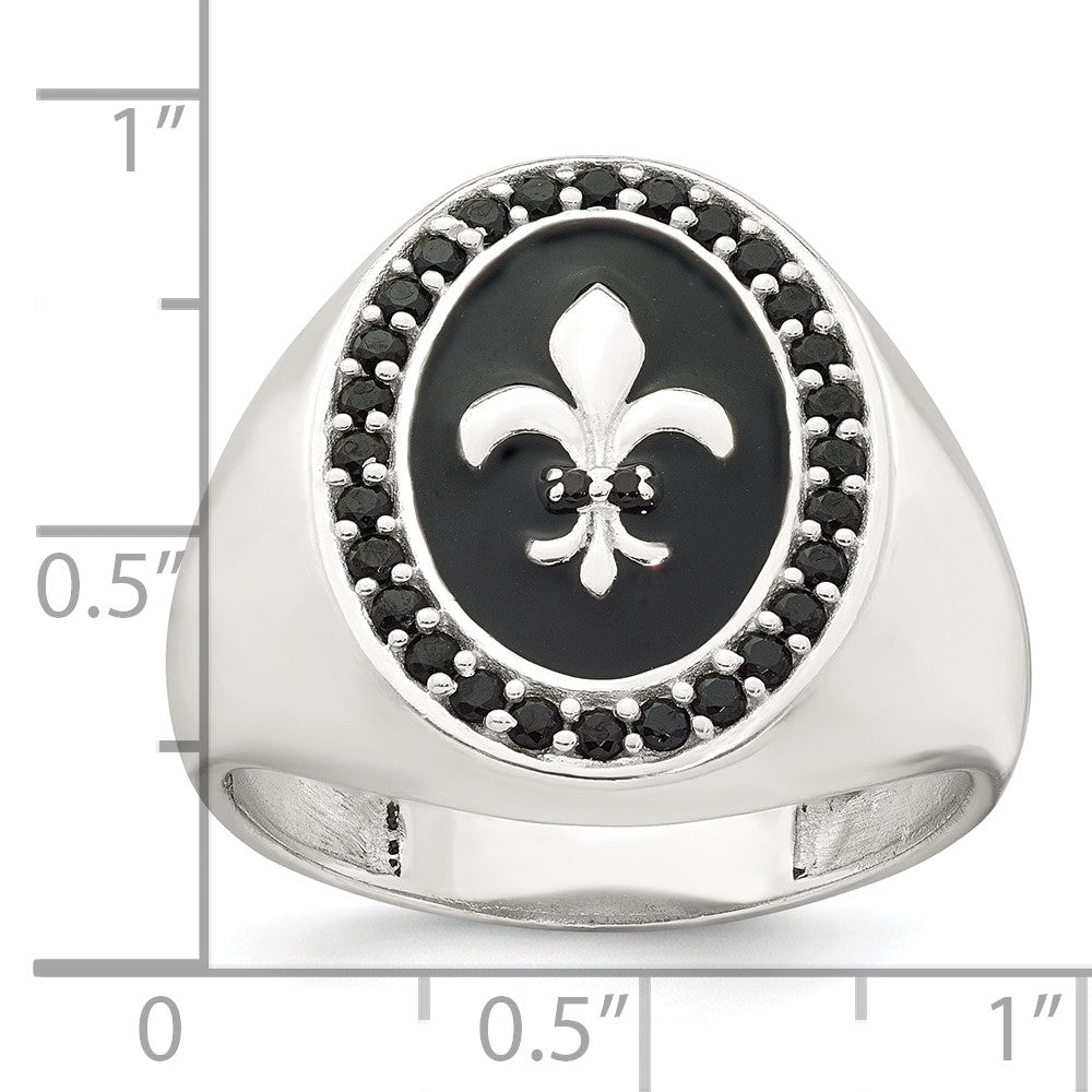 Sterling Silver Black Enamel Black Nano Crystal Fleur De Lis Men's Signet R