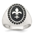 Sterling Silver Black Enamel Black Nano Crystal Fleur De Lis Men's Signet R