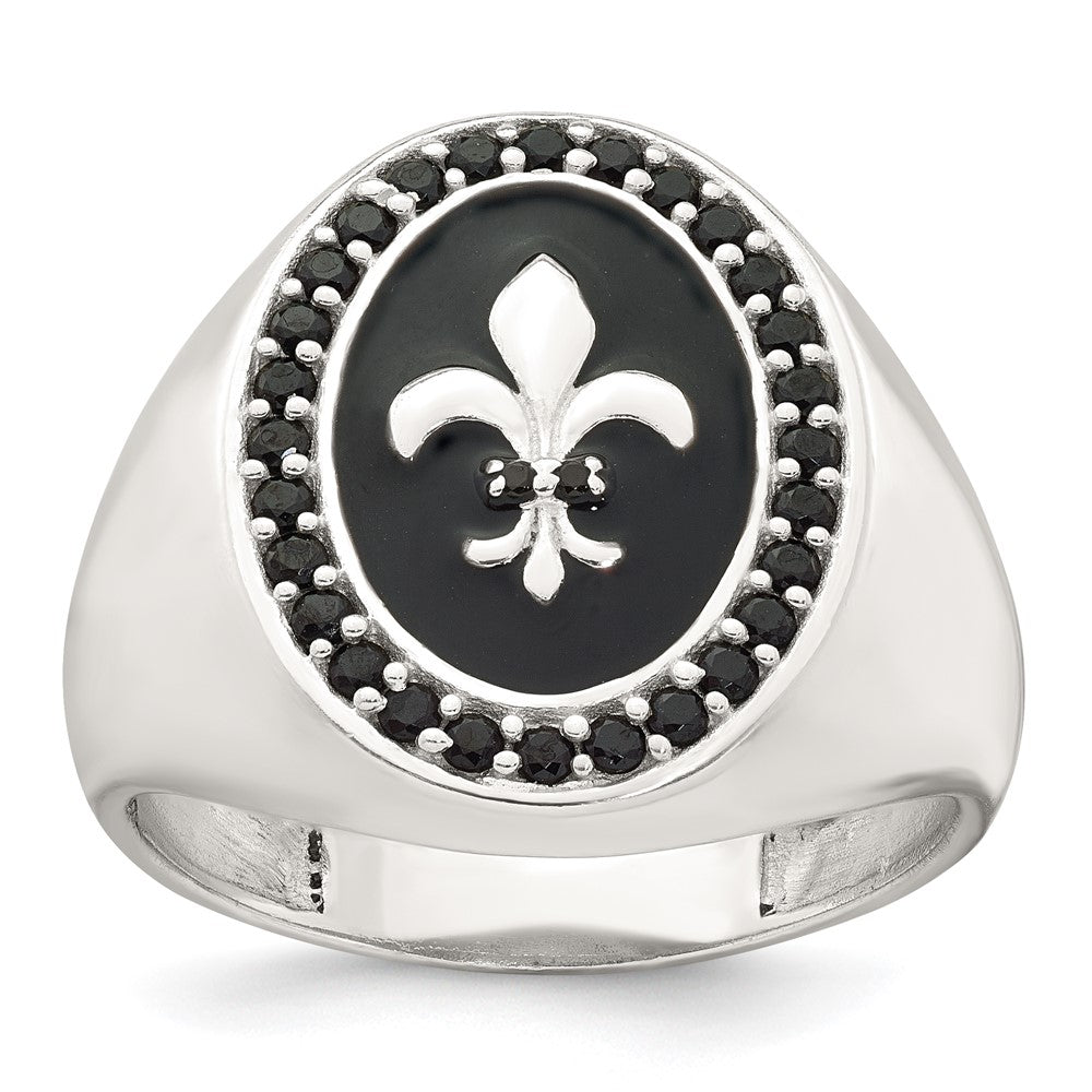 Sterling Silver Black Enamel Black Nano Crystal Fleur De Lis Men's Signet R
