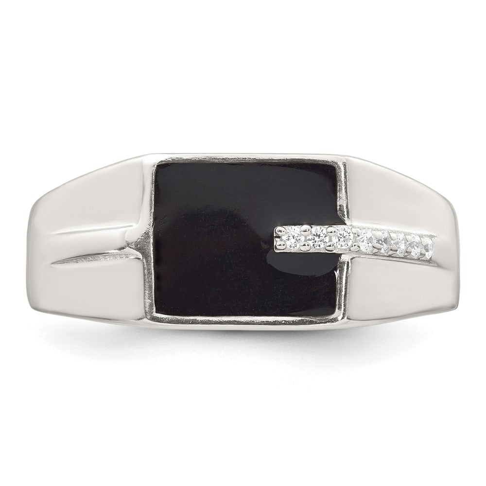 Sterling Silver Polished Black Enamel CZ Men's Signet Ring