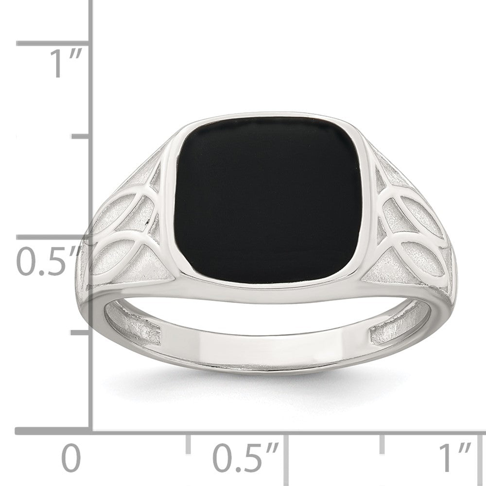Sterling Silver Polished and Textured Black Enamel Men's Signet Ring