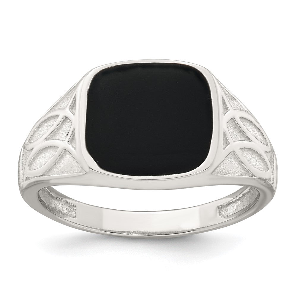 Sterling Silver Polished and Textured Black Enamel Men's Signet Ring