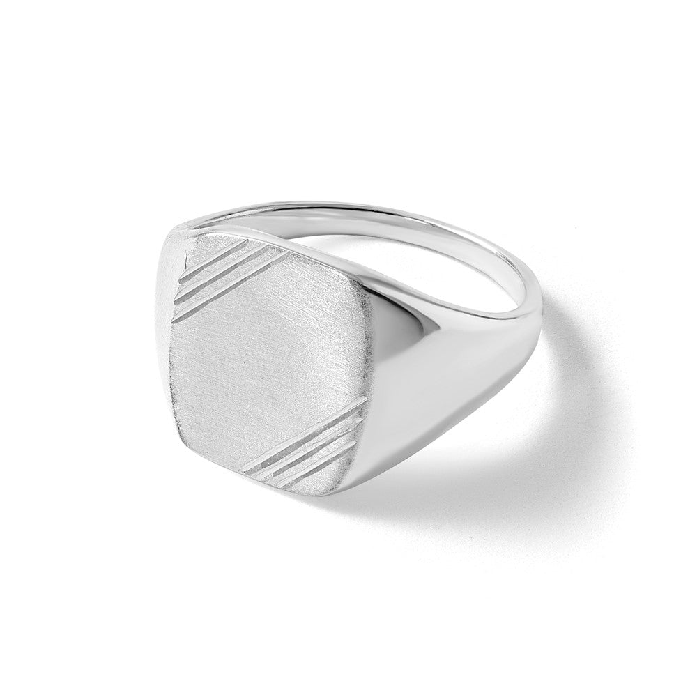 Sterling Silver Polished Brushed and Grooved Men's Signet Ring