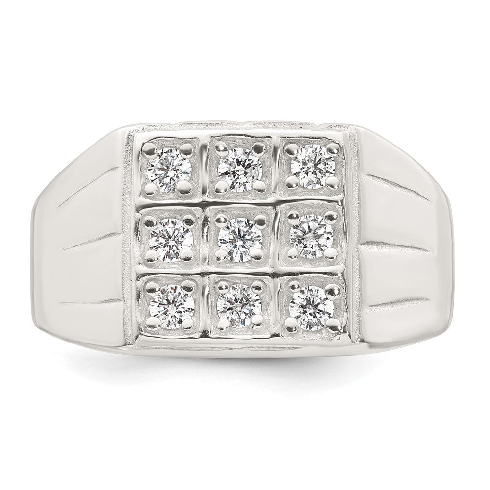 Sterling Silver Polished and Grooved CZ Square Men's Ring