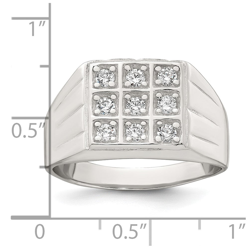 Sterling Silver Polished and Grooved CZ Square Men's Ring