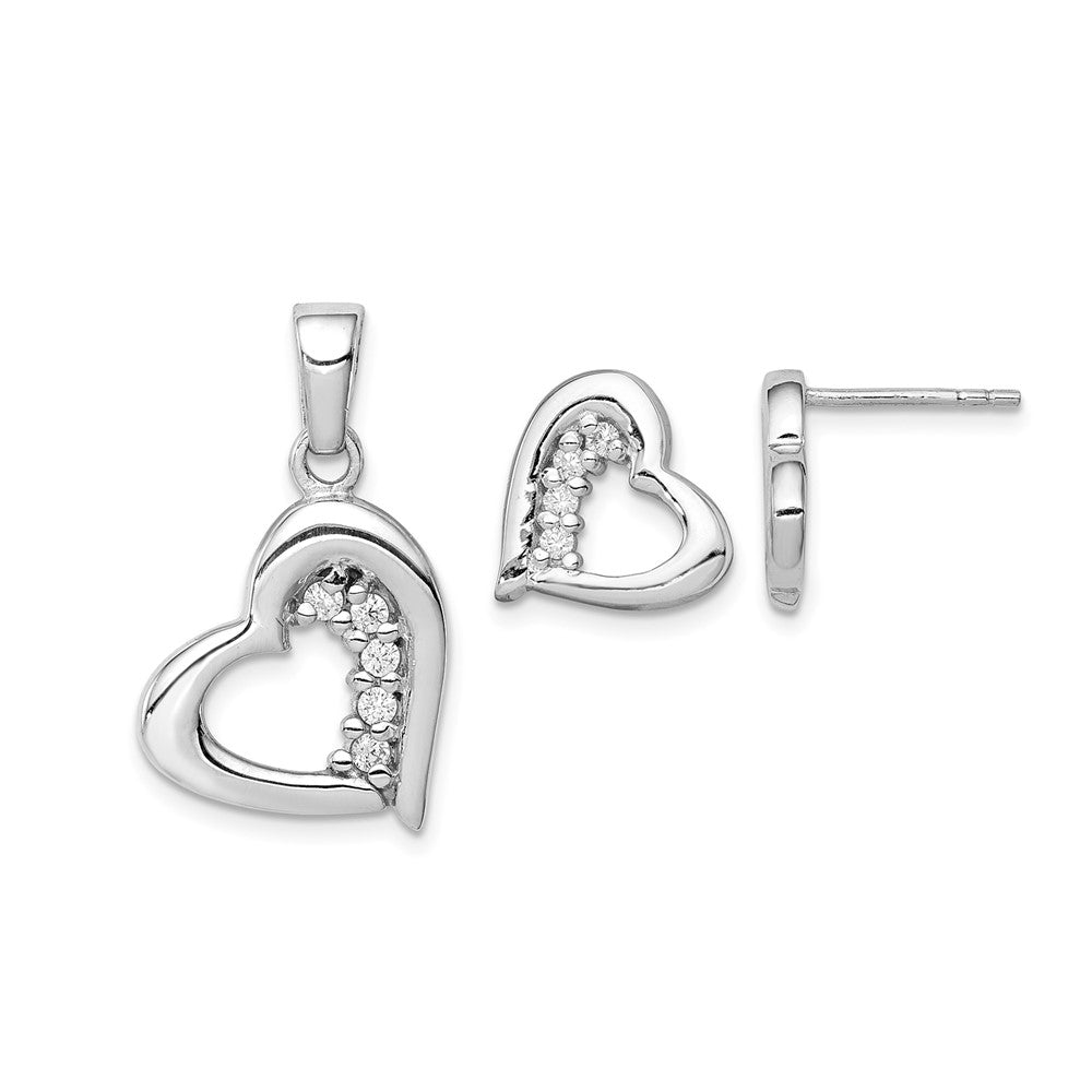 Sterling Silver Rhodium-plated CZ Heart Earring and Pendant Set