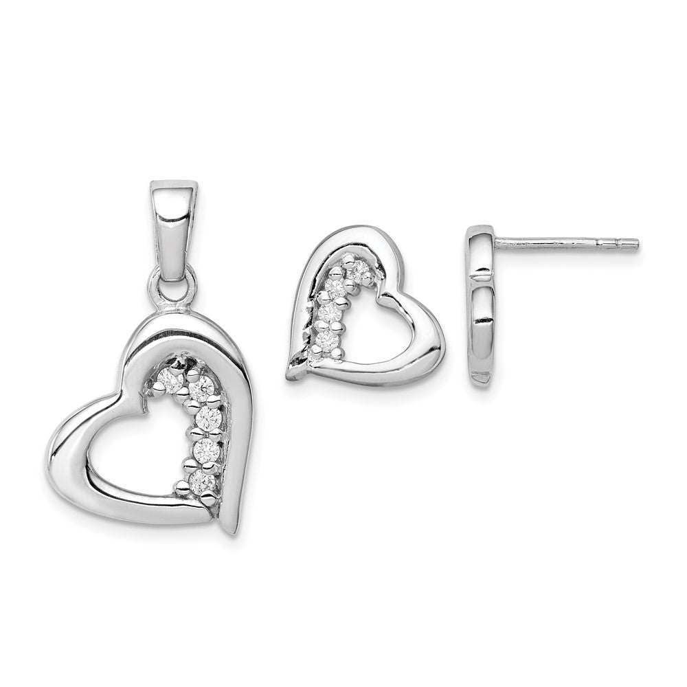 Sterling Silver Rhodium-plated CZ Heart Earring and Pendant Set
