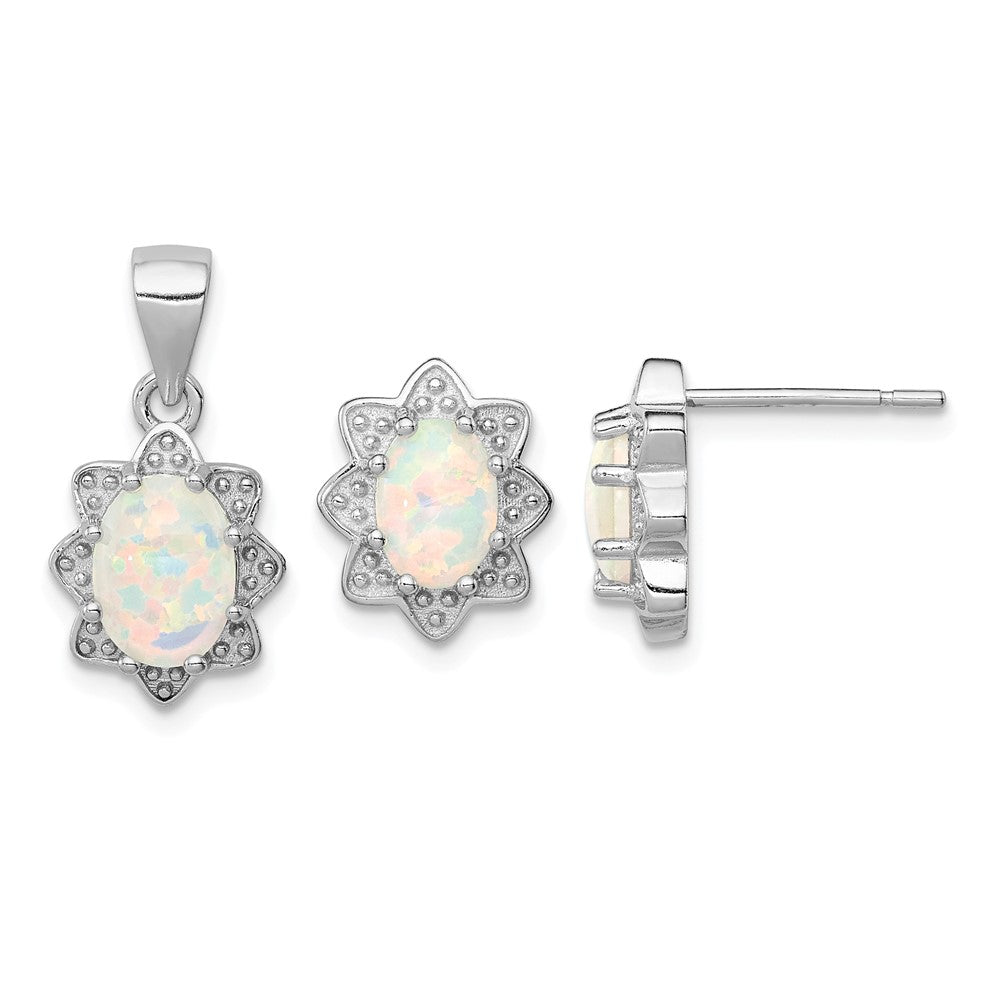 Sterling Silver Rhodium-plated Created Opal Pendant and Earring Set