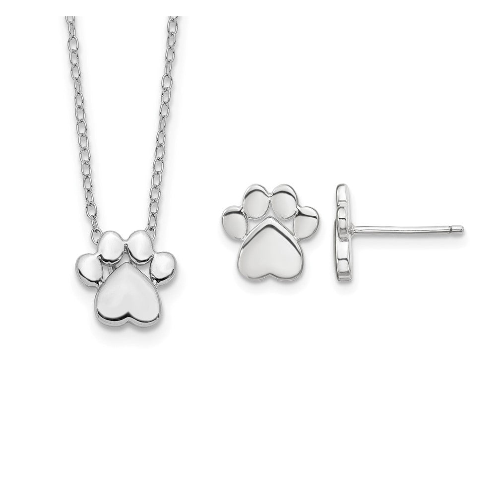 Sterling Silver RH-plated Paw Print w/2 in ext. Post Earring Necklace Set