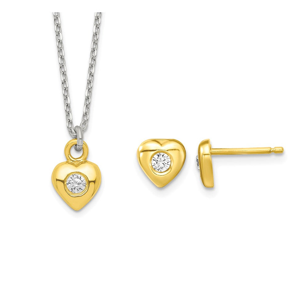 SS & Gold-tone CZ Heart Children's 14in Necklace & Post Earrings Set